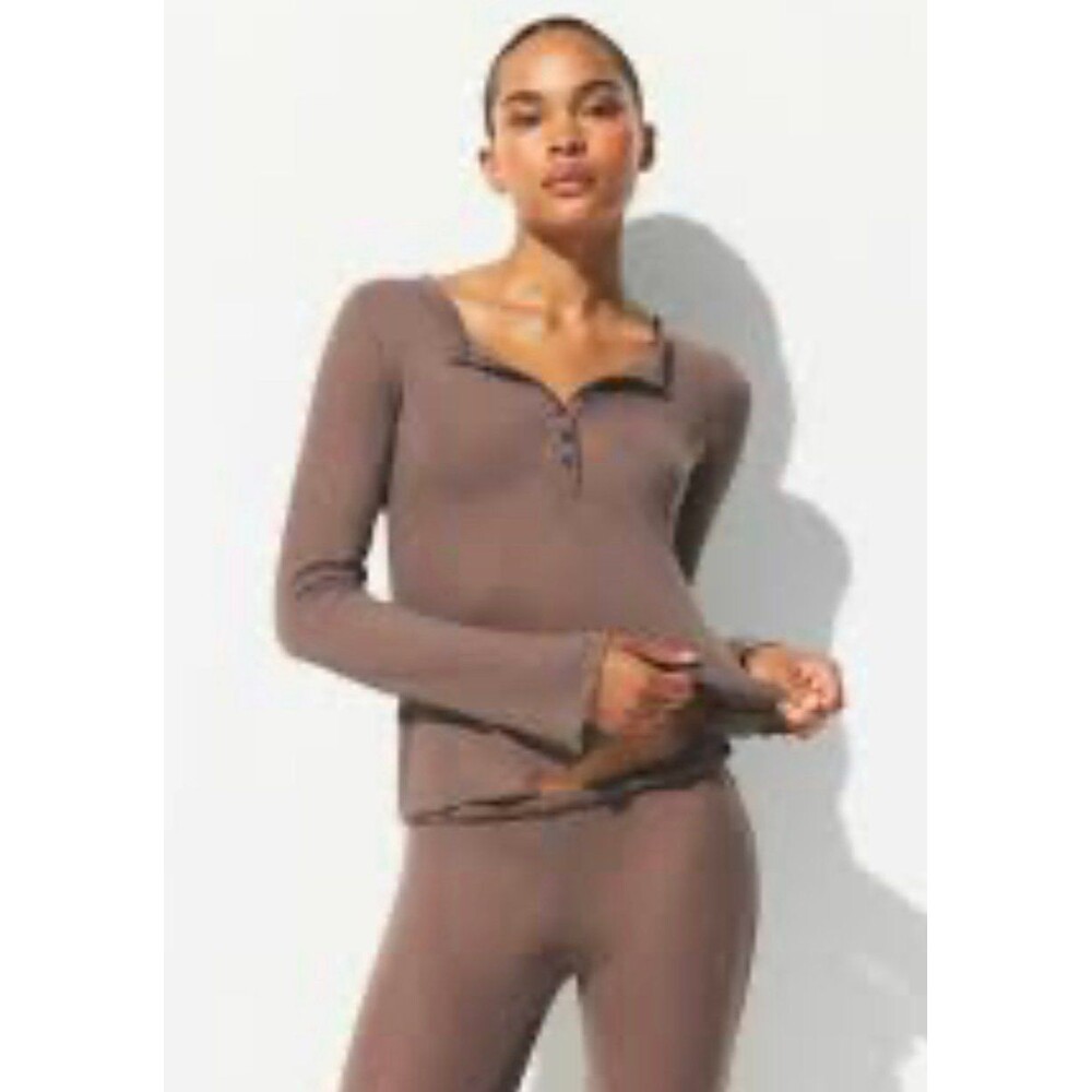 Skims Sheer Cotton Long Sleeve Henley Pewter